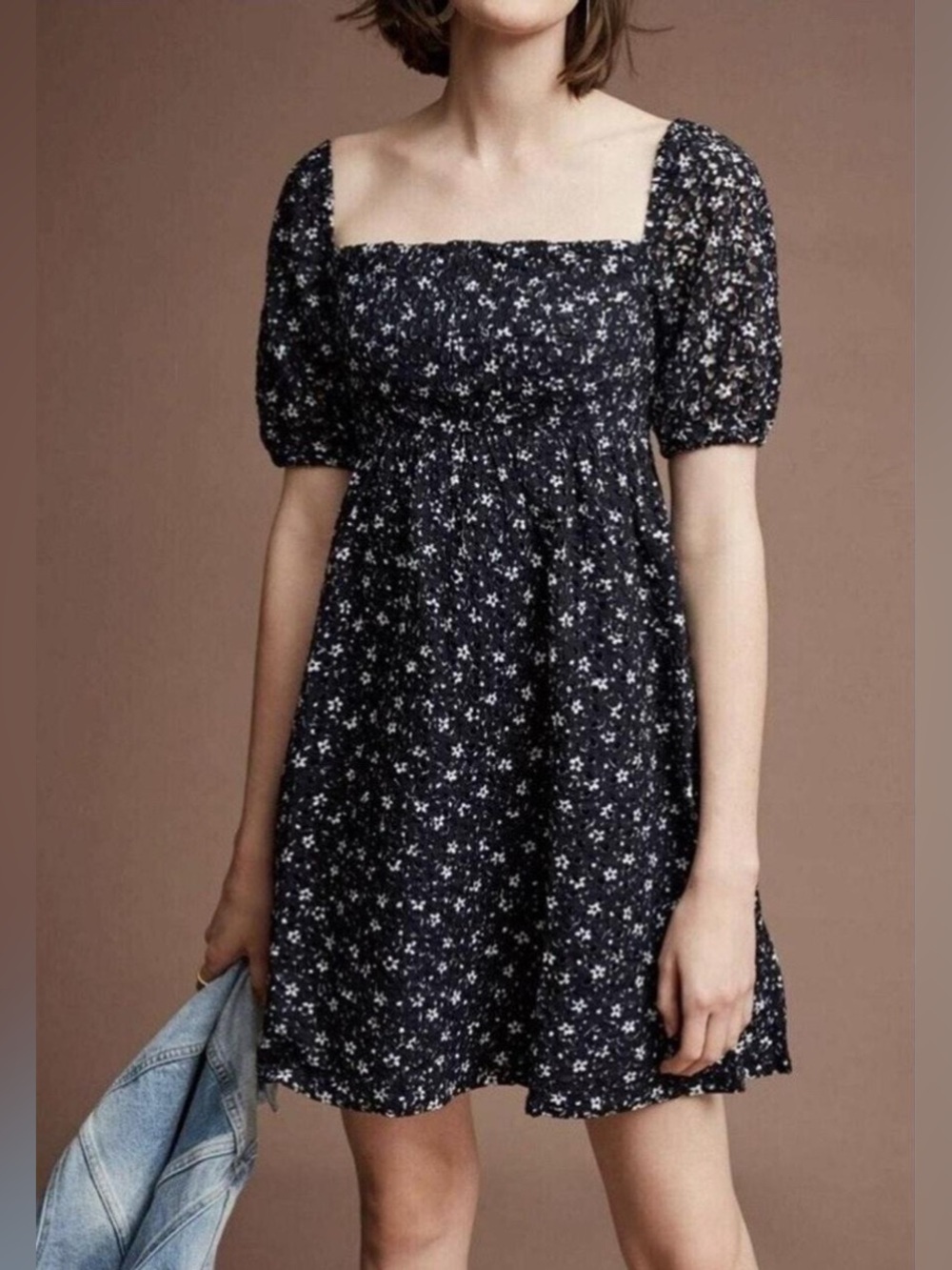 Maeve Lillianne Floral Eyelet Mini Dress from Anthropologie Size 6 Navy Blue